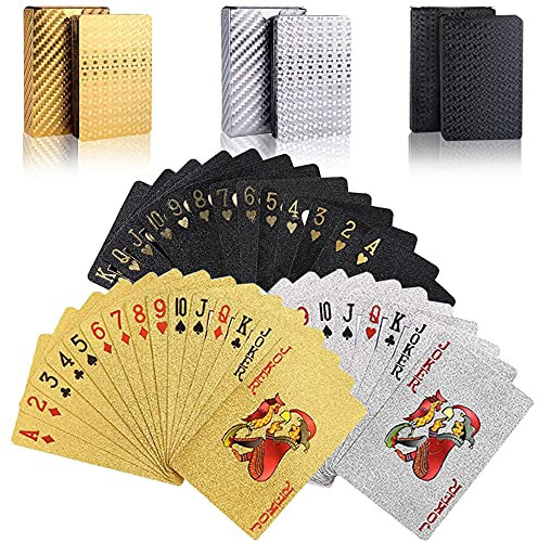 wdede 3 Stück Spielkarten Pokerkarten, Kunststoff Spielkarten, Wasserfeste Spielkarten, Standard Spielkarten, Familienparty Spiel Playing Cards(Goldfolie, Schwarzefolie, Silberfolie)