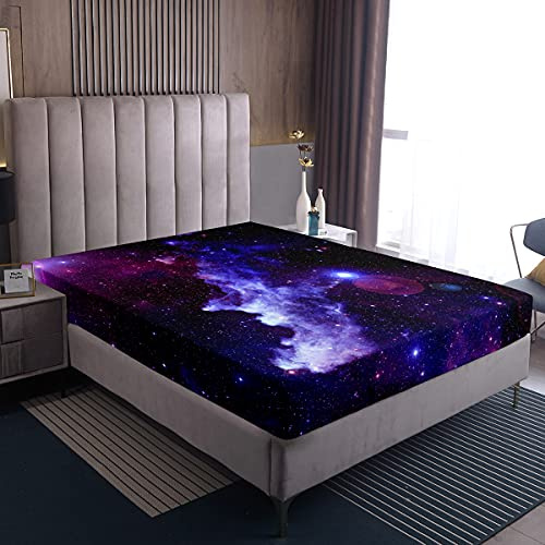 Loussiesd 3D Galaxis Spannbetttuch 90x200 cm Universum Sternenklarer Himmel Drucken Spannbettlaken Lila Blau Galaxy für Kinder Jungen Mädchen Dekorative weiche Mikrofaser Bettlaken
