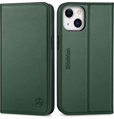 SHIELDON Hülle für iPhone 13, Lederhülle [Echtleder] [RFID-Sperre] [Kartenfach] [Magnet], TPU Stoßfeste Handyhülle Klapphülle Schutz Kompatibel mit iPhone 13 6,1 - Nachtgrün