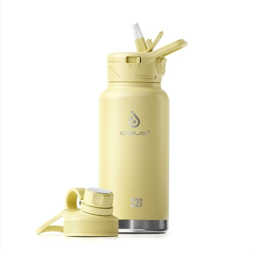 IDEUS Vacuum Insulated Water Bottle, 32 oz Stainless Steel Water Bottles with Straw and Spout Lid, Reusable Metal Water Bottle Leak Proof Gym Water Bottle, BPA-Free(Light Yellow)