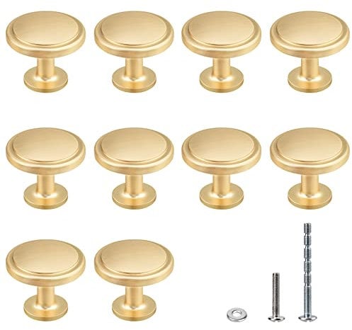 WEAVERBIRD Gold Door Handles 10PCS Cabinet Knobs 30MM Zinc Alloy Single Hole Drawer Kitchen Handles with Screws Round for Cupboard Wardrobe Furniture Brushed Brass Knobs