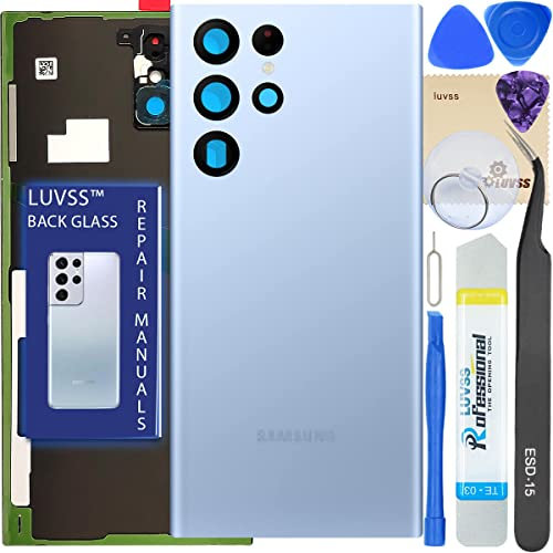 LUVSS Vitre Arrière pour Samsung Galaxy S22 Ultra SM-S908 Sky Bleu Coque Cache Batterie avec Lentille de Caméra, Adhésifs, Kit Outils, Guide De Réparation