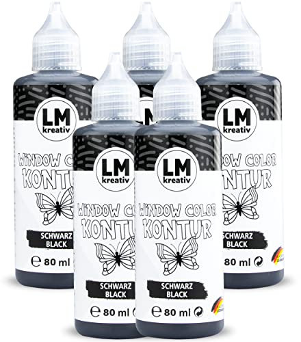 LM-Kreativ LM Window Color Set Kontur(5 x 90 ml Schwarz)-Abziehbare Fenster-Farbe/für Fensterbilder auf Spiegelfliesen&andere glatte Oberflächen. Windows Color Glasmalstifte sind einfach zu dosieren.