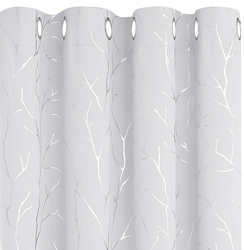 BUHUA 2er Set Vorhänge Lichtundurchlässig, Verdunklung Ösenvorhang mit Muster Zweig, Thermogardinen für Schlafzimmer, Grau Weiß 214x132cm(HxB), 2 Stück