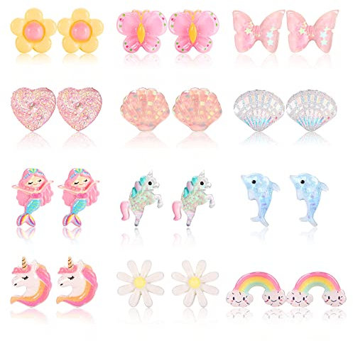 YADOCA 12 Paare Ohrclips für Mädchen Clip Ohrring Kinder Non Piercing Prinzessin Spielen Ohrringe Schmetterling Meerjungfrau Delphine Blume Herz Ohrringe Mädchen Verkleiden sich Schmuck für Kinder