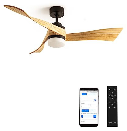 CREATE / WINDCURVE/Ventilateur de plafond avec lumière, Wifi et télécommande, noir pales bois naturel / 40W, Ø132 cm, lumière 3 températures, 6 vitesses, programmable, été-hiver, double hauteur