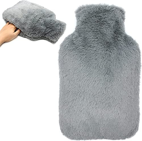 Cokomono Wärmflasche mit Bezug Flauschig, Auslaufsicher 2L Groß Wärmflaschen mit Kängurutasche, Bettflasche für Kinder und Erwachsene, Handwärmer, Hot Water Bottle, Grau