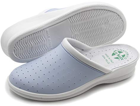 Ciabatte Sanitarie Anatomiche Uomo e Donna, Scarpe Pantofole Ortopediche Confortevoli con Tomaia in Vera Pelle Traforata, MADE IN ITALY, Celeste (Donna) 38