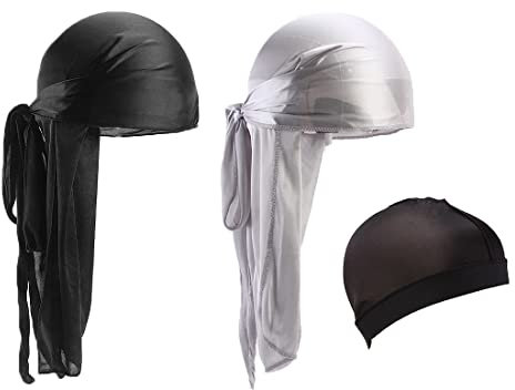 Tadipri 3 Stücke Durag Men Silk Silky Durag Atmungsaktive Soft Elastische Wellenkappe Langen Schwanz Headwraps mit 1 Wellenkappe für Männer und Frauen,Wellen (schwarz und silber)