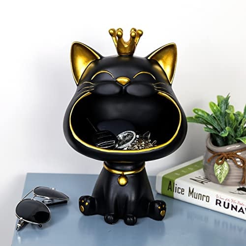 Key Bowl for Entryway Table, Lucky Cat Statue Candy Dish for Office Desk Art Home Decor (A - Black)