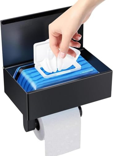 Sticky Wall Mounted Toilet Roll Holder With Shelf and Storage - Stainless Steel, Round, Flushable, Black