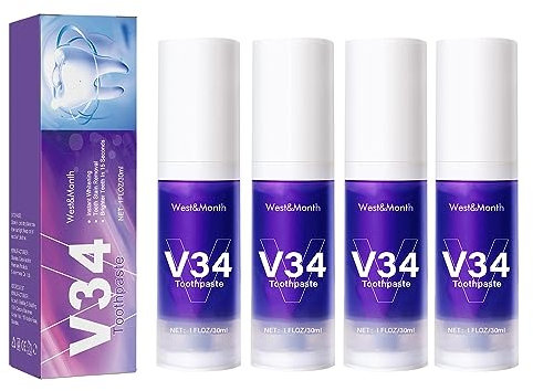 Purple Teeth Whitening Toothpaste, Zahnpasta Weisse Zähne, V34 Lila Zahncreme, Zahnaufhellung Zahnpasta für Erwachsene,Deep Stain Removal Kaffee, Rauchen, Gelbe ZäHne (4 Pcs)