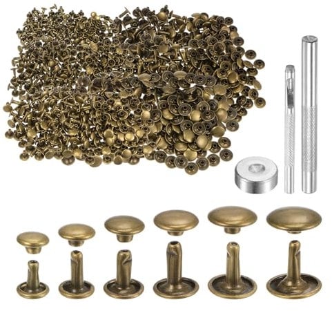 sourcing map 300 Sets Leather Rivets 6 Size Metal Double Cap Rivet Snaps Studs Fasteners with 3pcs Setting Tools Rivets for Leather Craft DIY Repair Decoration, Bronze