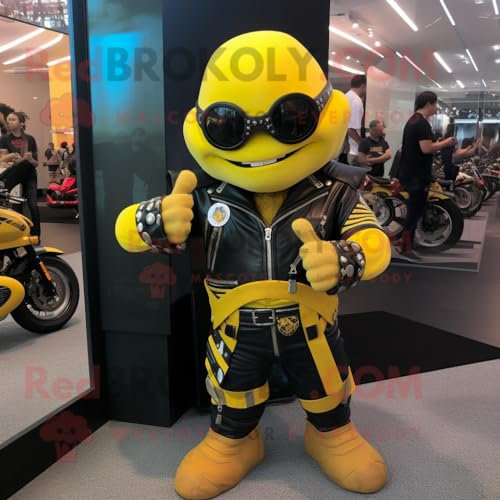 REDBROKOLY Costume de mascotte sablier jaune habillé d'une veste et de bracelets de motard