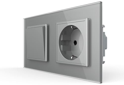 LIVOLO Wipp einfacher Taster Lichtschalter mit Schuko Steckdose für Unterputz doppelter Einbau Tasterlichtschalter VL-C7-K1H/C1EU-15 grau im zweifachem Glasrahamen Wandschalter Einbausteckdose