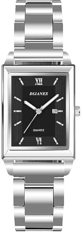 JewelryWe Damenuhr Rechteckige Uhr Damen: Klassische Datum Kalender Analog Quarz Armbanduhr Frauen Silber Metallarmband Geschäft Lässige Uhr mit Römischen Ziffern Eckigem Zifferblatt