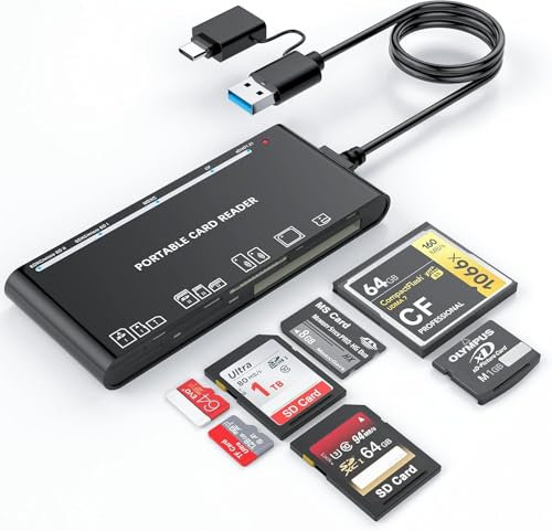 7 IN 2 USB 3.0 SD Card Reader, SD/TF/CF/Micro SD/XD/MS Card Adapter, 5Gbps High Speed USB C SD Card Reader for iPhone 16/15/14/iPad/MacBook/Samsung, Windows,Mac OS,Linux