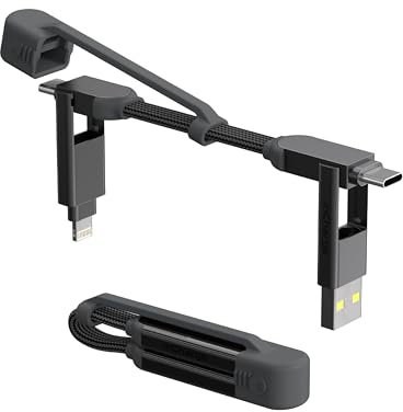 Rolling Square inCharge XS - 240W 4in1 Keyring Cable, Type C Charger Cable Fast Charging, Universal Lightning/USB Cable with Metal Housing for Data Transfer, N52 Magnets, Black