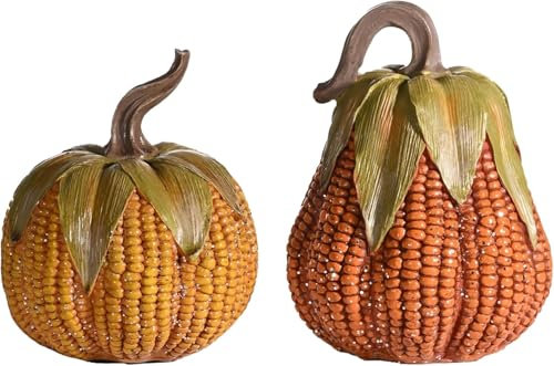 Valery Madelyn 2er Künstlich Kürbis für Herbstdeko Halloweendeko,Innen und Außen,Simulation Kürbisse in Maiskornmuster aus Kunstharz,Fall Decor Tischdeko,Geschenk Thanksgiving,10/12cm(M)