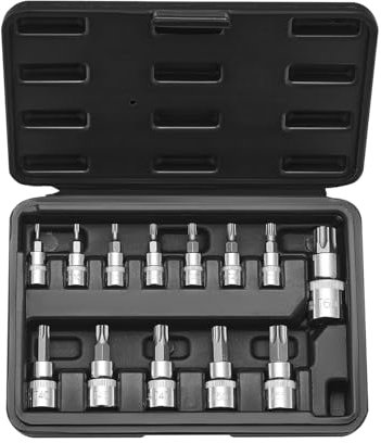 VEVOR Jeu de Douilles Torx 13PCs, Étoile T8 - T60, Entraînements 1/4, 3/8 et 1/2 po (6,35 mm, 9,5 mm, 12,7 mm), en Acier Allié S2 et Acier Cr-V, avec Coffret, pour Mécanicien Réparation Automobile