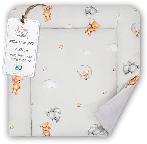 Wickelauflage Wickelunterlage aus Baumwolle 75x72 cm - Weich und waschbar Wickelunterlage für Babys Wickelmatte aus Stoff für Wickeltisch Wickelkommode oder Waschmaschine 75 x 72 Oeko-Tex Teddybären