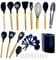 Premium Silicone Kitchen Utensils Set with Holder – Heat Resistant, BPA-Free, Nonstick Safe – Wooden Handles – Stylish 32-Piece Cooking Set – Black