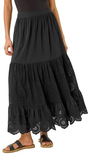 Roman Originals Gypsy Maxi Skirt for Women UK Ladies Tiered Bohemian Long Ankle Length Cotton Elasticated Waistband High Waist Monochrome Lounge Lightweight Holiday - Noir Broderie - Size 12