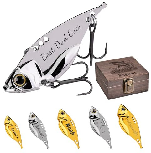 UIDMEN Personalisierte Metall-Köder mit Holzbox | VIB-Hartblattköder als Angelgeschenk für Väter & Angler | Gravur für Forelle, Zander und Barsch (Vatertag/Geburtstag)
