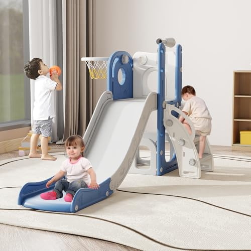 kinbor 6 in 1 Toddler Slide, Kids Slide for Toddler 1-3, In/ Outdoor, Blue | With Hoop & Ball; Support Up to 66 lbs
