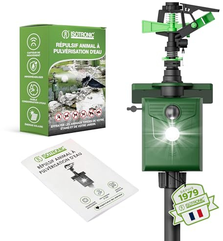 Isotronic Water Jet Plus Light Animal Repellent Solar | Solar-Powered Dog and Cat Deterrent | Bird and Heron Scare for Garden | Motion Sensor | Range Adjustable | Wildlife Repellent (1)