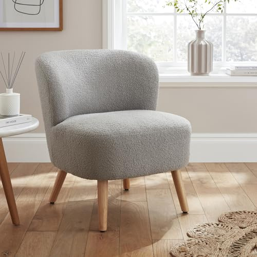 GFW Evie Bouclé Teddy Accent Chair Grey, Curved Occasional Chair with Wooden Legs for Living Room or Bedroom
