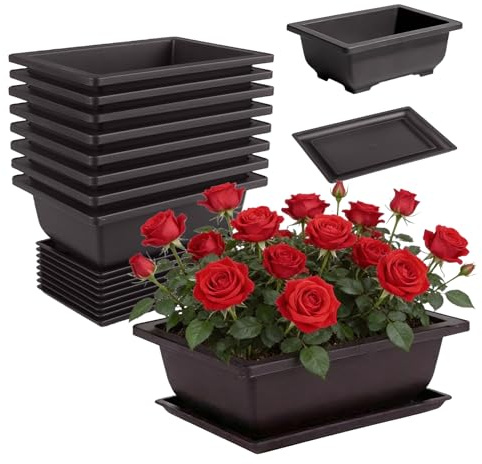 PRITOK 8 Stück Bonsai Trainingstöpfe mit Tablett 16,5x12x6cm Bonsai Trainingsschalen, Bonsaischale Kunststoff Tief Blumentopf Rechteckige Pflanztopf für Gärten Innenhöfe Büros Wohnzimmer Balkone