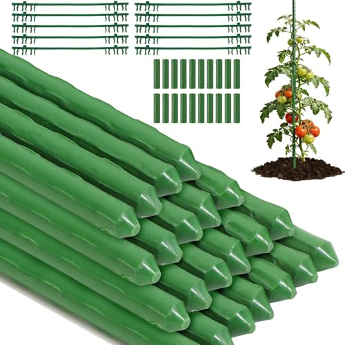 Augshy Pflanzstäbe Rankhilfe Set, 25 Kunststoff Stahlrohr Pflanzenstab | Beschichtetes Tomatenstäbe Pflanzenstab 40cm, mit 10 Klammern, 20 Verbinder and 1 Pflanzenbinder für Zimmerpflanzen Rank