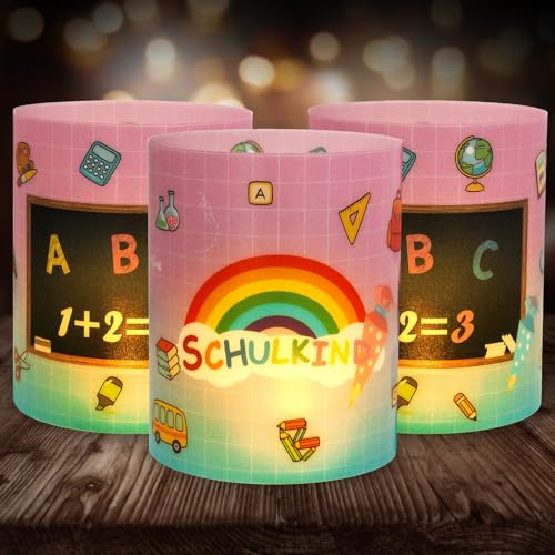 Seutgjie 12 Windlicht Tischdeko Einschulung Endlich Schulkind 2026 Deko | Schulanfang Deko Mädchen Junge mit Regenbogen Personalisiert für Teelichter oder Kerzen