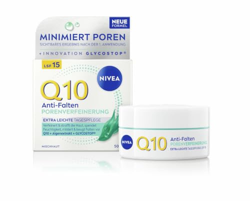 NIVEA Q10 Anti-Falten Tagespflege, straffende Tagescreme mit LSF 15, Gesichtspflege für Mischhaut mit Q10, Algenextrakt & Glycostop, Porenverfeinerung Extra Leichte Tagespflege (50 ml)