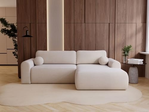 GRAINGOLD Savana L 257x177 cm, L-Form Sofa, Schlafcouch für Wohnzimmer, Bouclé-Stoff, 3-Sitzer Eckcouch, Ecksofa mit Bettkasten (Creme, Rechts)