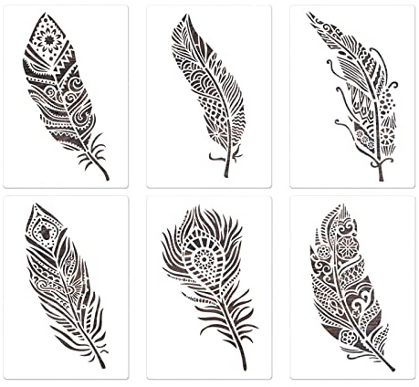 Lot de 6 modèles de dessin en forme de plumes, creux en PET pour enfants, étudiants, fabrication de cartes, dessin, bricolage, décoration de fête, travaux manuels, réutilisables, pour peinture sur les