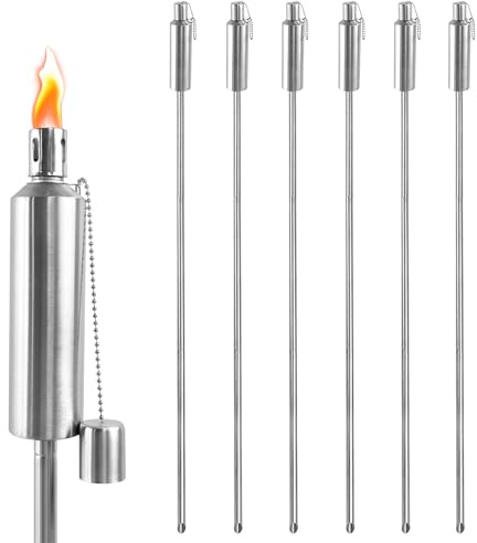 PEILU Edelstahl Gartenfackeln Öllampen Set Garten Fackeln für Draußen | Wanderung Handfackel mit 330ml Edelstahlbehälter, Dochte & Höhenverstellbar 55-115cm Griff, Öl Laternen Outdoor (12 Stück)