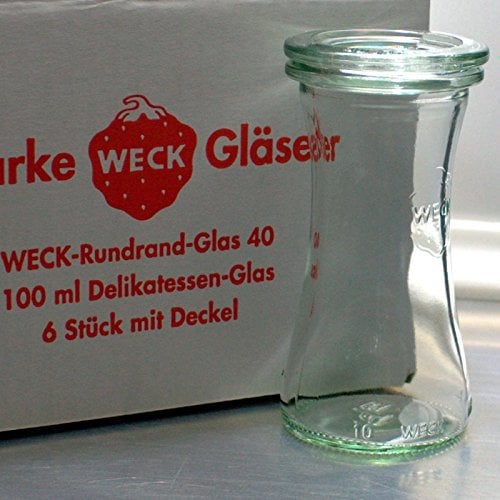 WECK Delikatessen-Glas 100 ml (6 Stück) inkl. Glasdeckel, 40 mm Öffnung, schlankes mini Weckglas, z. B. für Essig, Gewürze, Kräuter, als kleine Vase