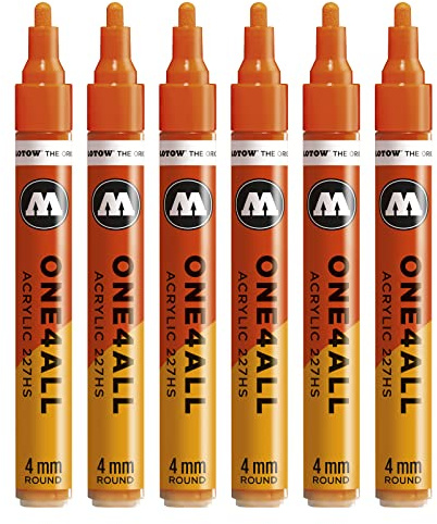Molotow One4All 227HS Acryl Marker (4,0 mm Strichstärke, hochdeckend und permanent, UV-beständig, für fast alle Untergründe) 6 Stück Farbe 085 dare orange