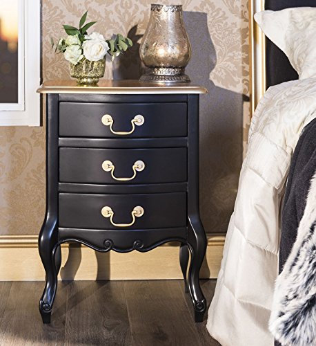 Juliette Black and Gold Bedside table with 3 drawers and metal handles. Quality FULLY ASSEMBLED bedside cabinet