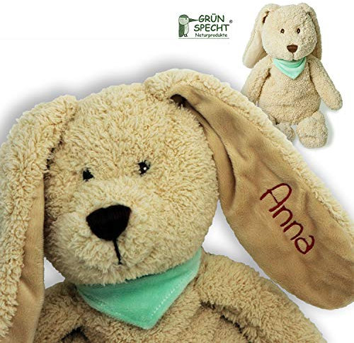 Grünspecht Wärme Kuscheltier mit Namen BESTICKT, Wärmekissen-Hase für Baby & Kinder, Wärme-Knuddel, Rapssamen-Innenkissen, Beige, Ostern