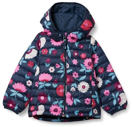 Amazon Essentials Doudoune à Capuche Légère, Paquetable et Résistante à L’Eau Fille, Bleu Marine Fleuri, 11-12 Ans