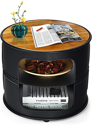 GOPLUS Table Basse Ronde à 3 Niveaux, Table en Forme de Tonneau, Table d’Appoint en Métal et Bois, Table de Chevet, Bout de Canapé Décoration pour Salon, Chambre, Bureau, 50 x 50 x 41,5CM Noir