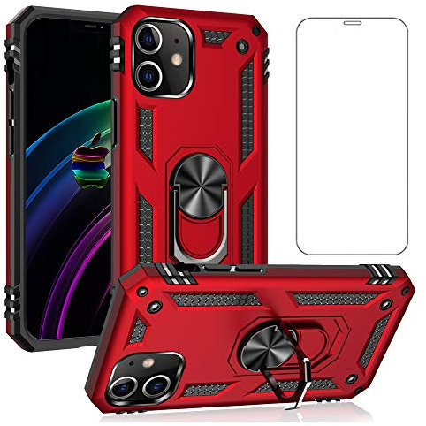 Asuwish Compatible with iPhone 12 Mini Case 5.4 inch and Tempered Glass Screen Protector Magnetic Stand Ring Holder Hard Shockproof Accessories Phone Cases for iPhone12mini i 12s iPhone12 12mini Red