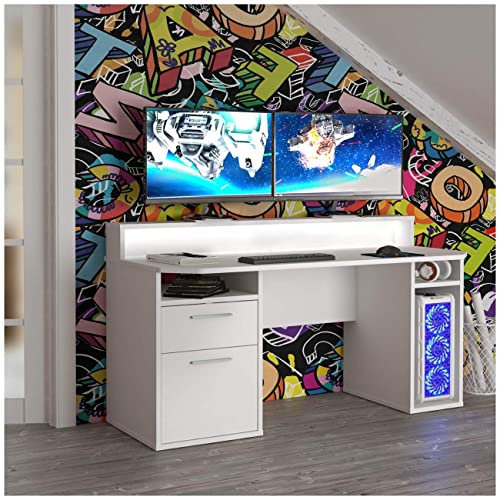 Forte TEZAUR Gaming Schreibtisch mit 1 Tür und 1 Schublade, Holzwerkstoff, Weiß, (B/H/T): 160 / 91,1 / 72 cm