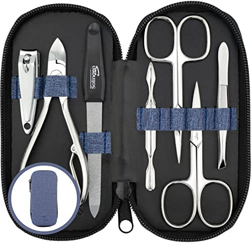 marQus set manicura de 7 piezas de Solingen - Set de manicura y pedicura en estuche vaquero de piel sintética con 2 tijeras, cortaúñas, lima, retira-cutícula, alicate y pinza, para hombre y mujer