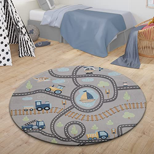 TT Home Kinderzimmerteppich Junge Mädchen Kinderteppich Mit Fahrzeugen Straße Schiene, Farbe:Grau Grün Gelb, Größe:80 cm Rund