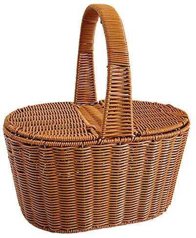AADECOR Cesta de Picnic de Mimbre de imitación con Tapa Dividida y asa, Marco de Metal Fuerte - Cesta Vintage Exterior Clásica - Cesta de Regalo Tejida a Mano para Camping y Fiesta al Aire Libre,B