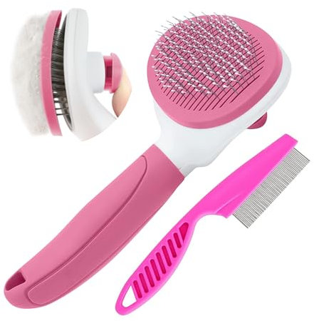 Cat Brush for Shedding and Grooming, Pet Self Cleaning Slicker Brush with Cat Hair Comb by KALAMANDA(Pink)